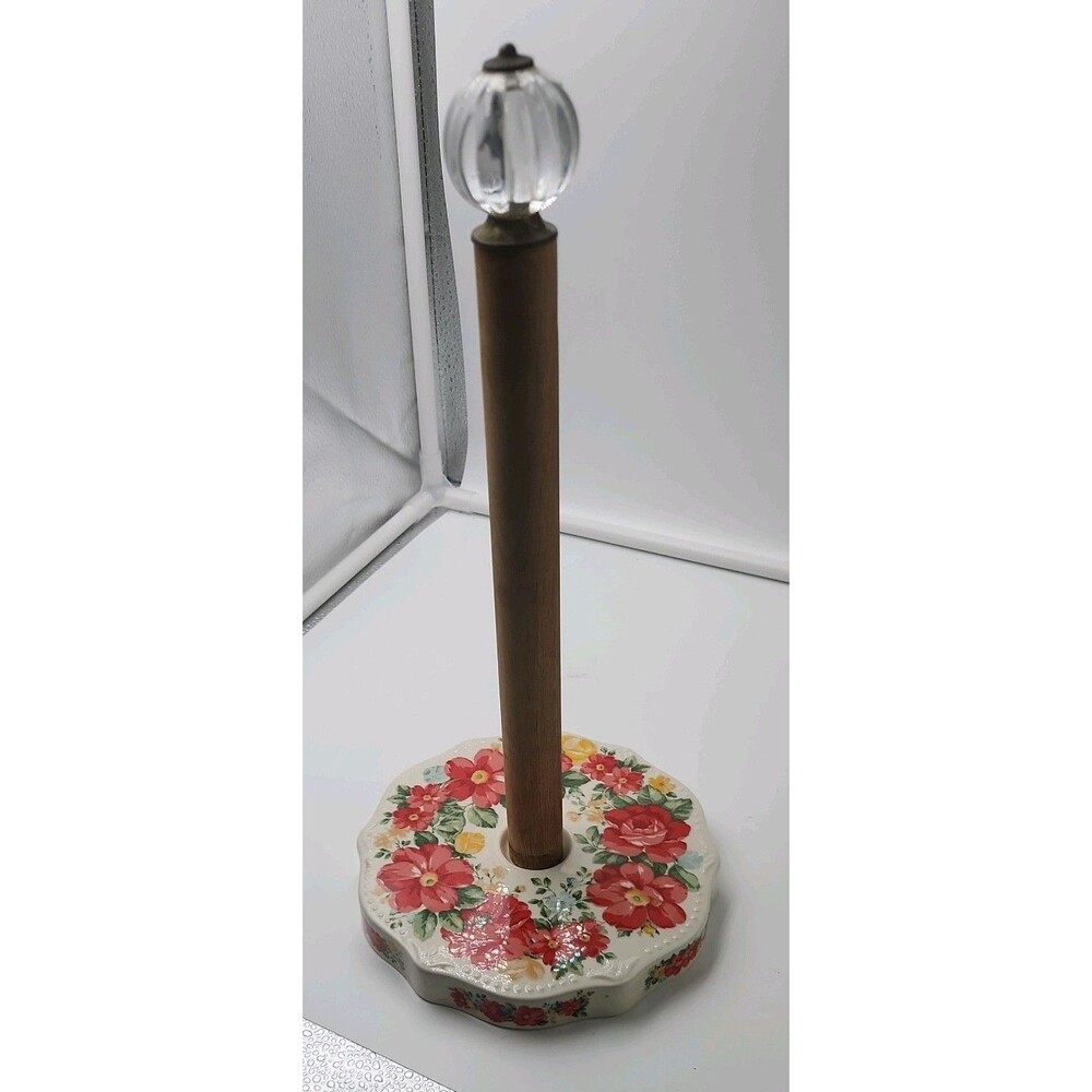 Pioneer Woman Vintage Red Floral Paper Towel Holder Crystal Knob Stoneware